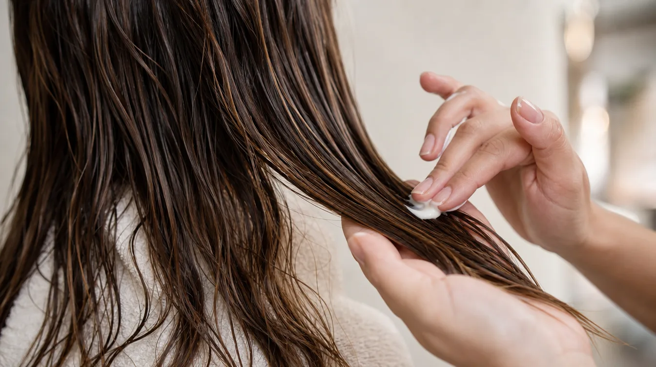 Stylist hands applying a small amount of leave-in conditioner through damp hair mid-lengths and ends