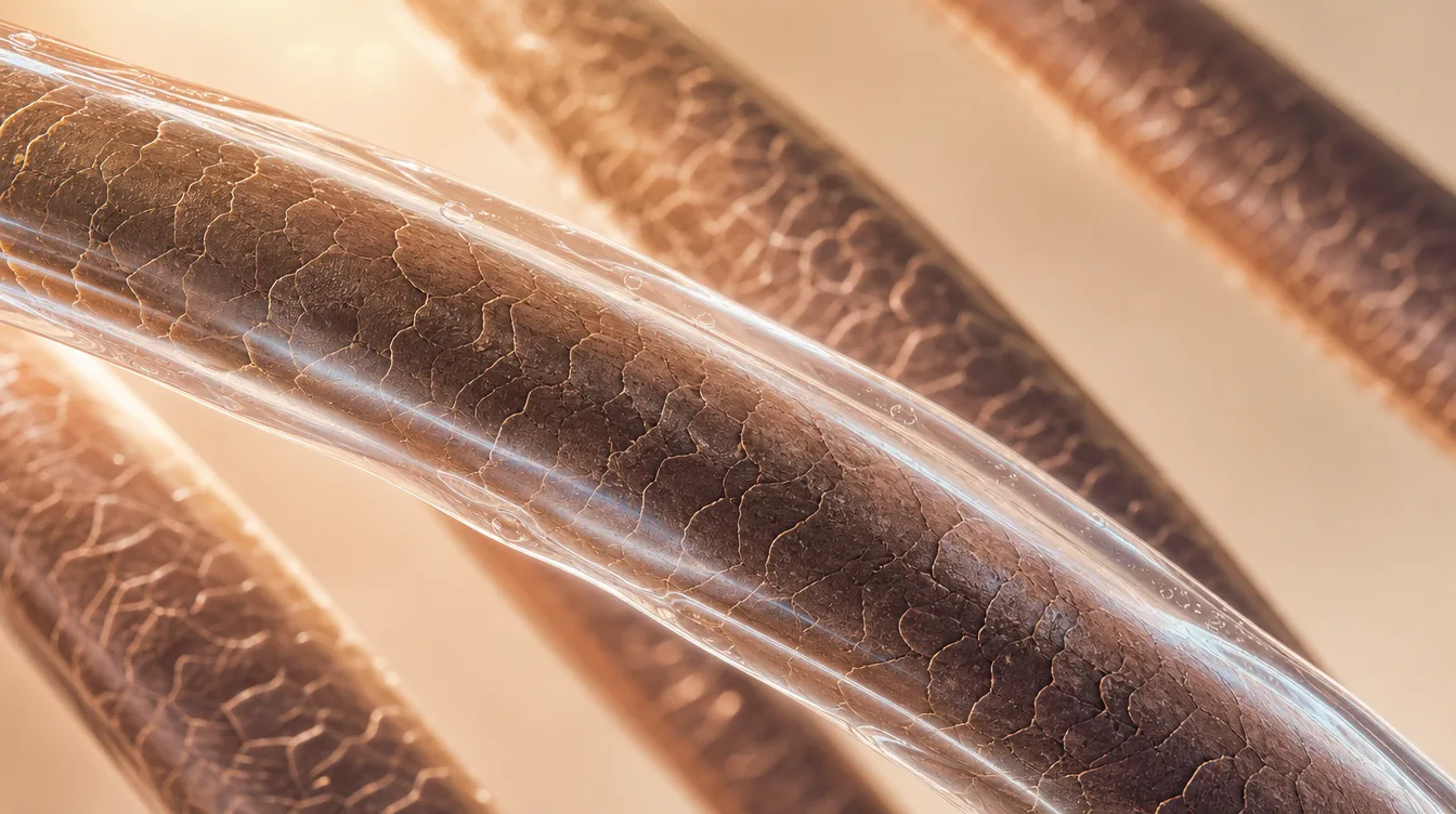 Macro visual of a clear conditioning film smoothing hair strands