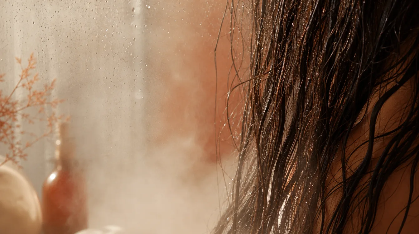 Close-up of smooth hair near warm mist and condensation, representing humidity conditions