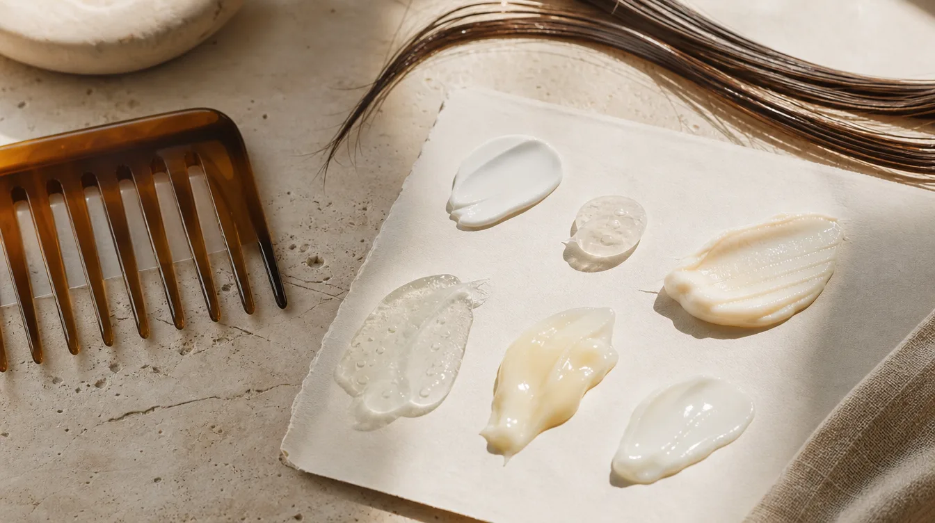Unbranded leave-in conditioner texture swatches beside a wide-tooth comb and hair strands