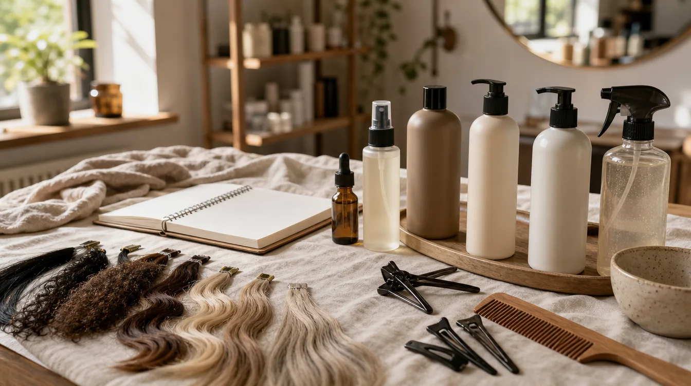 Unbranded salon testing station with hair swatches, clips, combs, and leave-in bottles