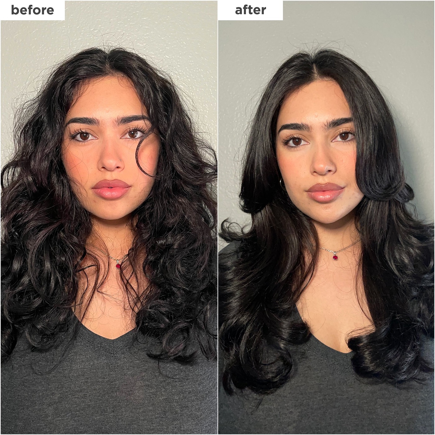 Brand-provided before and after visual for Briogeo Farewell Frizz Leave-In Spray