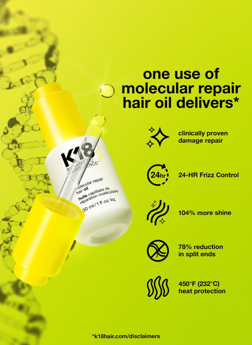 K18 Molecular Repair Hair Oil official benefits graphic